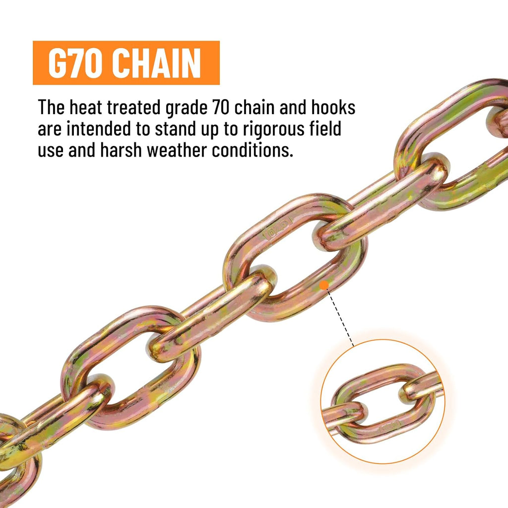 3/8" Binder Chain with Clevis Grab Hooks, 8 FT Trailer Safety Chain, Grade 70 Standard Duty Transport Tow Chain 6,600 Pound Safe Working Load (Pack of 2)