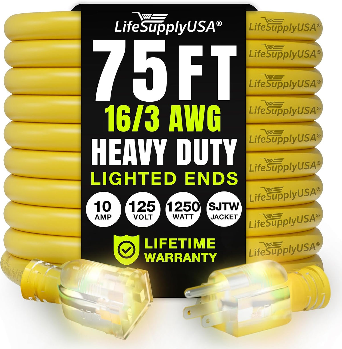 75ft Outdoor/Indoor Extension Cord 16/3 Gauge Heavy Duty 3 Prong SJTW,