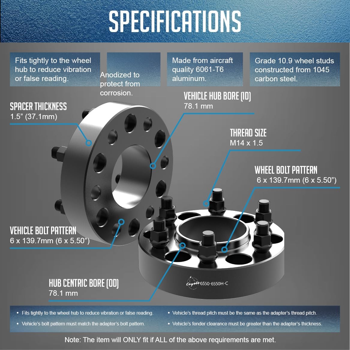 Wheel Accessories Parts 2 Pcs Hub Centric Wheel Spacers Adapters 6x5.5 6x139.7mm 1.50 Inch Thick 78.1mm Hub M14x1.5 14x1.5 Thread Stud Fits Chevy Silverado 1500 Suburban Tahoe ｜ GMC Sierra 1500 Yukon