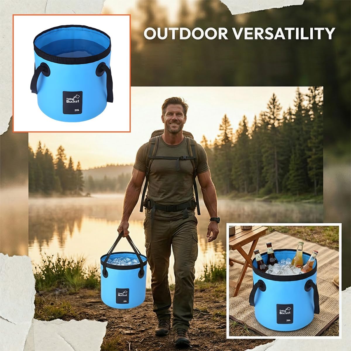 Collapsible Car Bucket with Handle, Foldable 5 Gallon Multifunction Vehicle Water Storage Container, Automotive Washing Folding Bucket, Universal for SUV Automobile Truck (Blue)