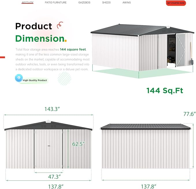 AECOJOY 12' x 12' Outdoor Storage Shed, Large Metal Sheds & Outdoor Storage - Image 6