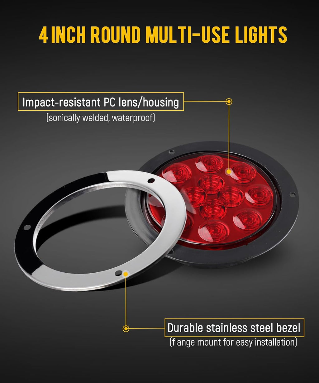 Partsam 10Pcs Red 4" Inch Round LED Trailer Tail Lights 12LED Flange Mount Stainless Steel Chrome Bezel Waterproof Stop Turn Tail Brake Lights Replacement for Trucks RV 12V
