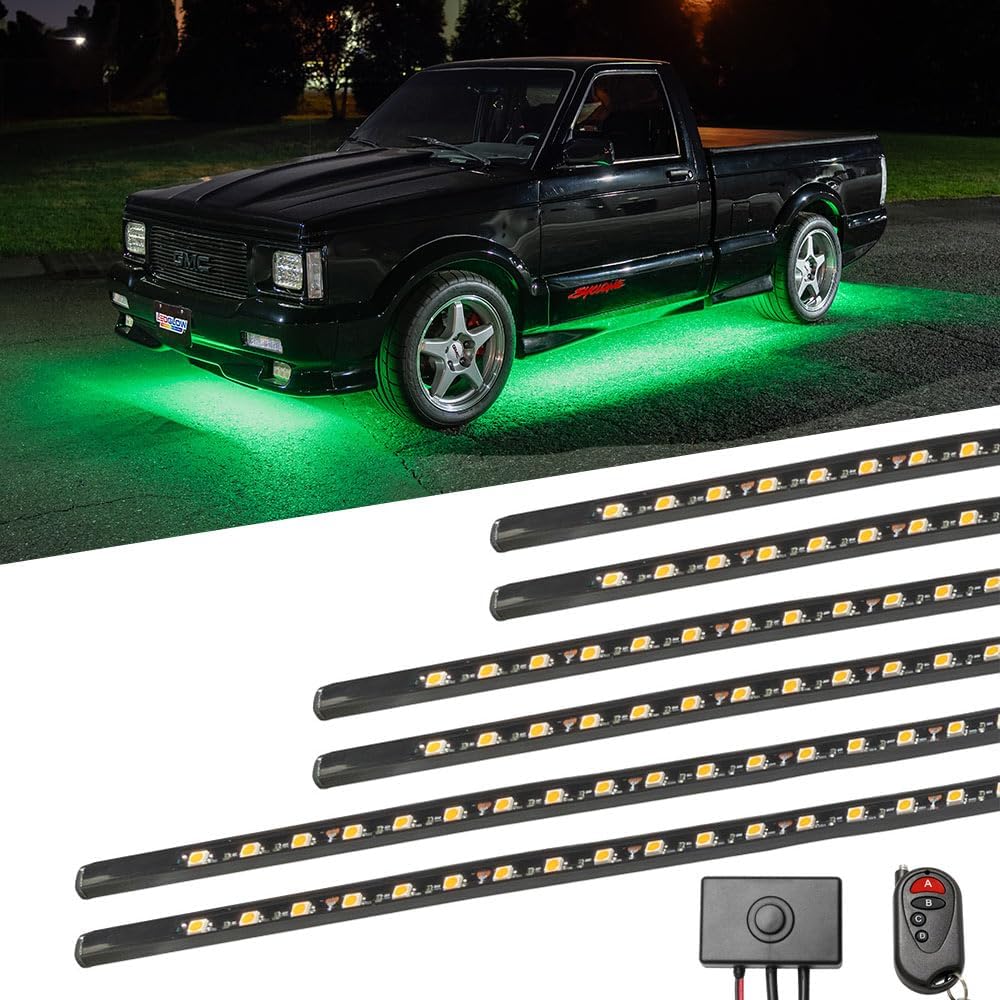 LEDGlow 6pc Green Flexible Truck Slimline LED Underbody Underglow Accent Neon Lighting Kit - 4 Unique Patterns - Water Resistant, Low Profile Tubes - Includes Control Box & Remote