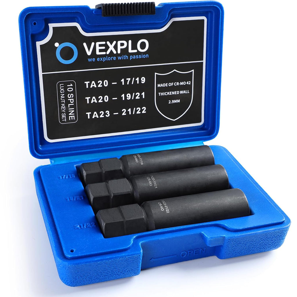 VEXPLO 10 Spline Lug Nut Key Set Thick Wall 3-PCS 10 Spline Lug Nut Socket | Easy Removal of Aftermarket Ten Point Locking Lug Nuts, Compatible with Bimecc White Knight 10 Splined Wheel Lock Key