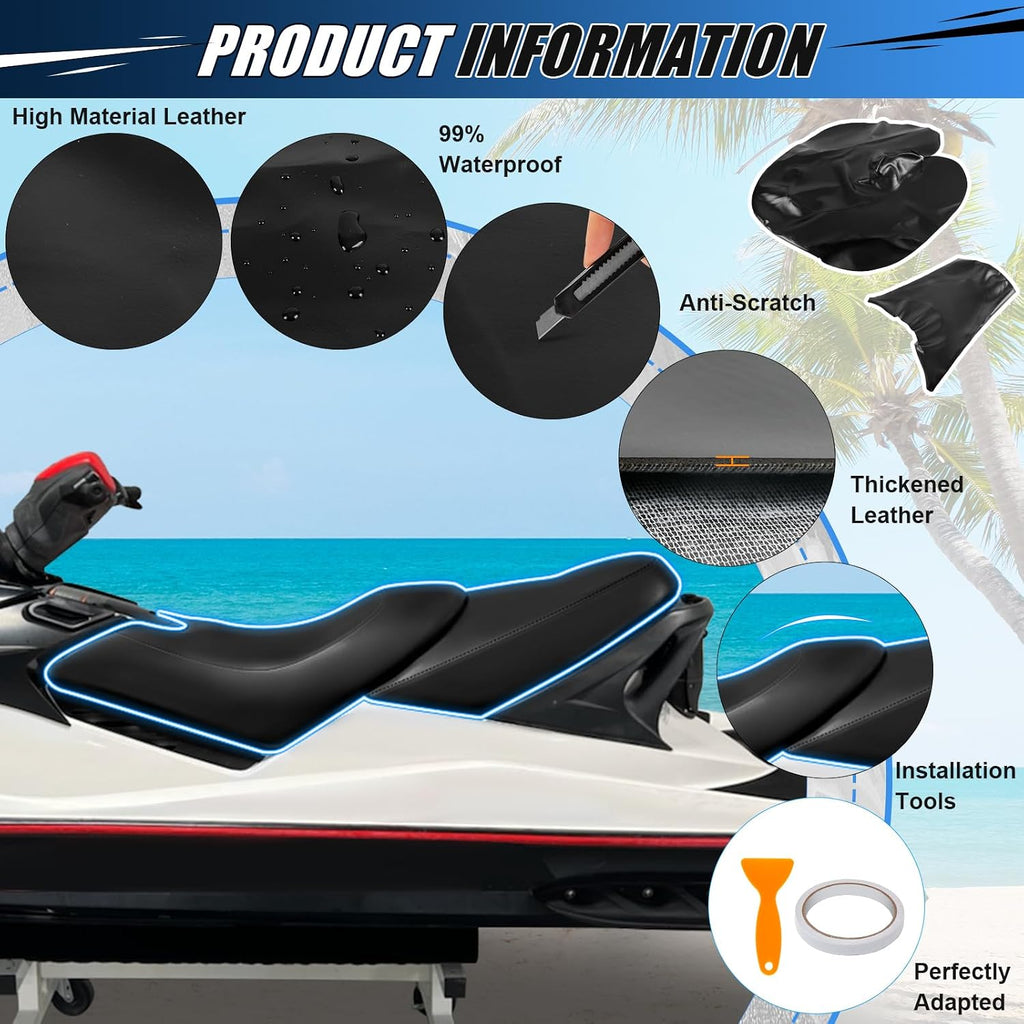 Seat Cover Replacement for SeaDoo 2002-2009 GTX 4-Tec, SC, LTD/RXT, RXT-X 215 255 / Wake 155 215 / GTX DI, High-Elasticity Black PU Leather, with Staple Remover & Installation Accessories
