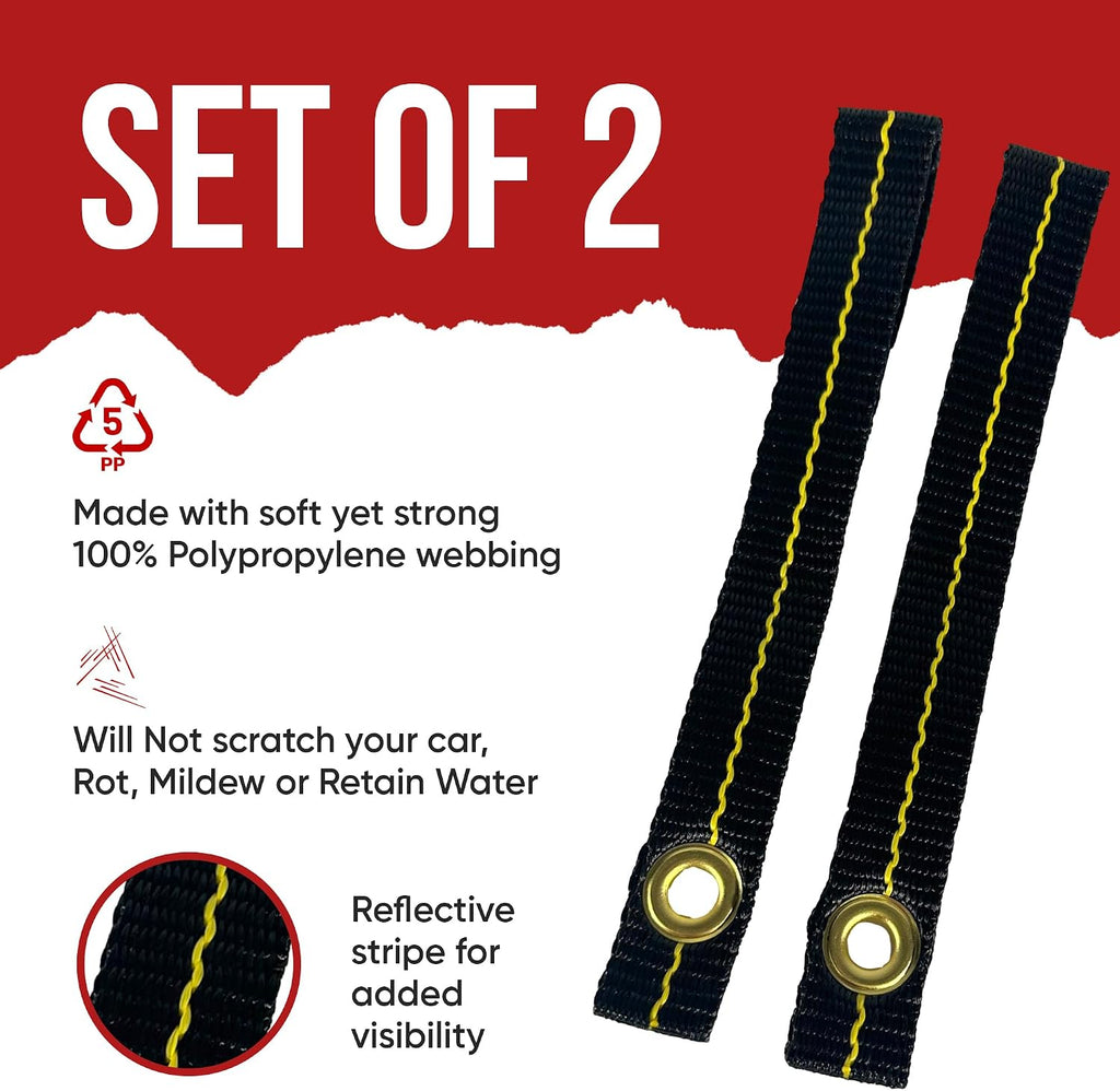 Cajun Tie Downs Hood Loop Anchor Straps — Under Hood Kayak & Canoe Tie-Down, Fits Vehicles Without Tow Hooks, 1" x 8", 2-Pack, Made in USA, Black/Yellow