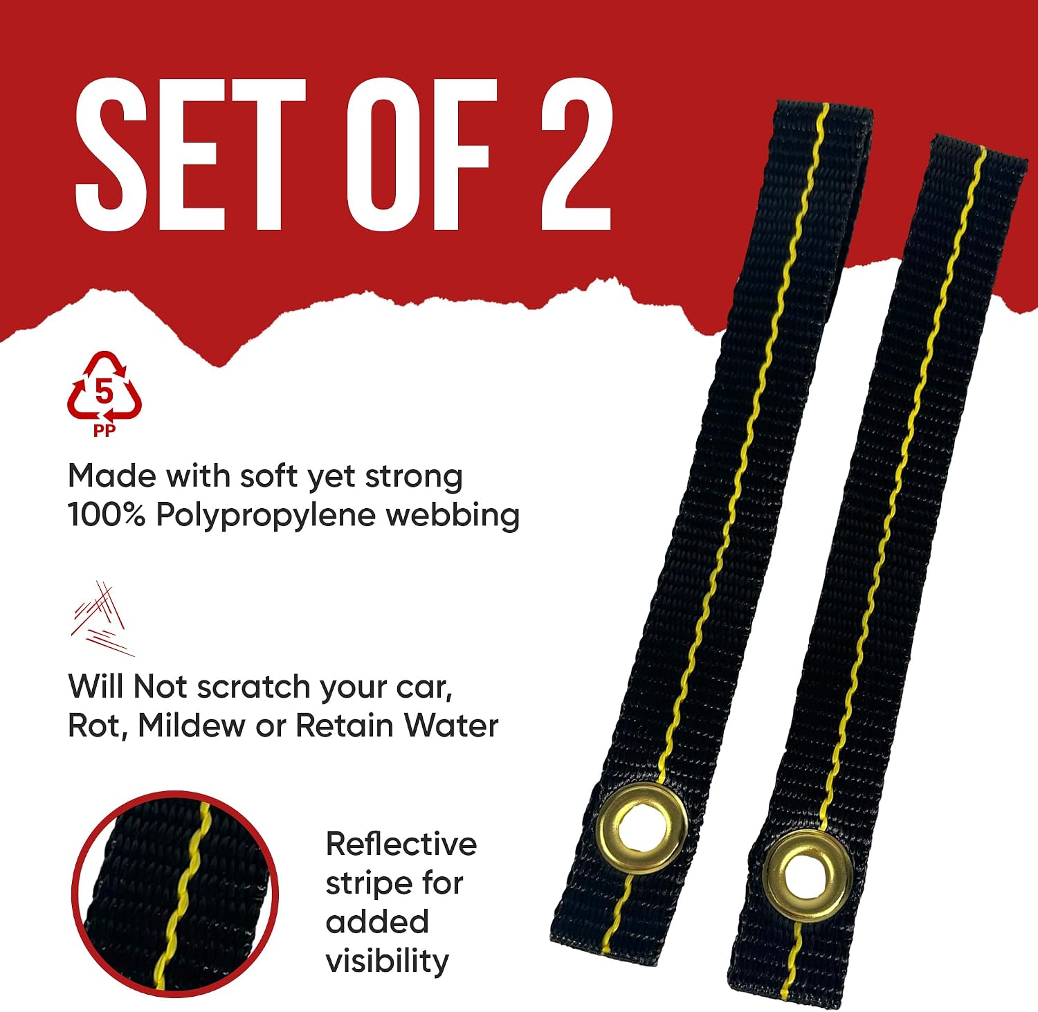 Cajun Tie Downs Hood Loop Anchor Straps — Under Hood Kayak & Canoe Tie-Down, Fits Vehicles Without Tow Hooks, 1" x 8", 2-Pack, Made in USA, Black/Yellow