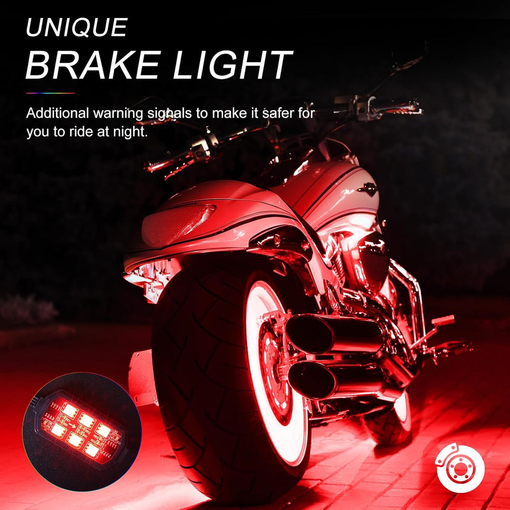 Motorcycle LED Underglow Kit, ICICAR 12 Pcs APP Control RGB Chasing Mode 16 Million Color Dual Remote Music Mode IP68 Waterproof Led Lights, Motorcycle Lights with Power Switch