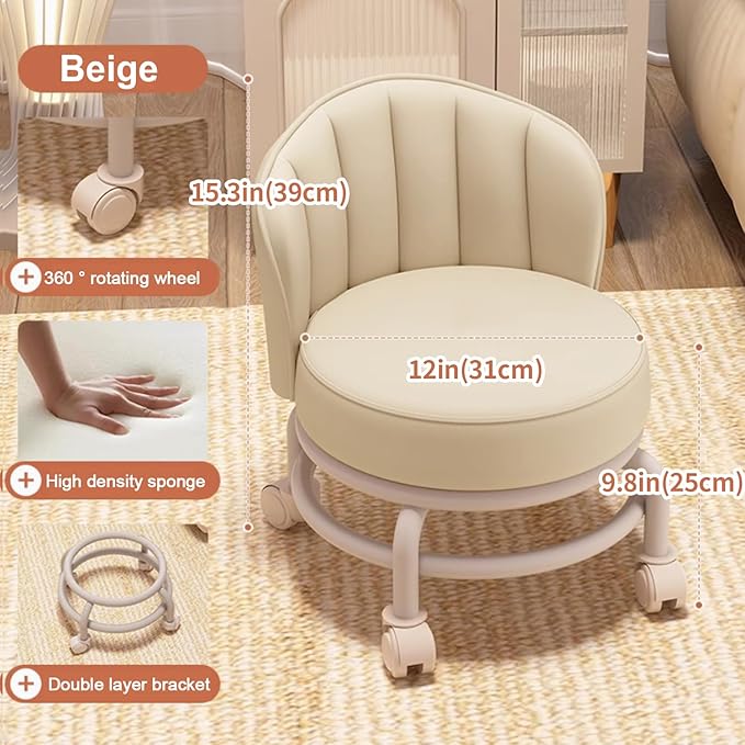 Low Rolling Stool with Backrest, Rolling Pedicure Seat, Low Stool with Wheels - Image 2