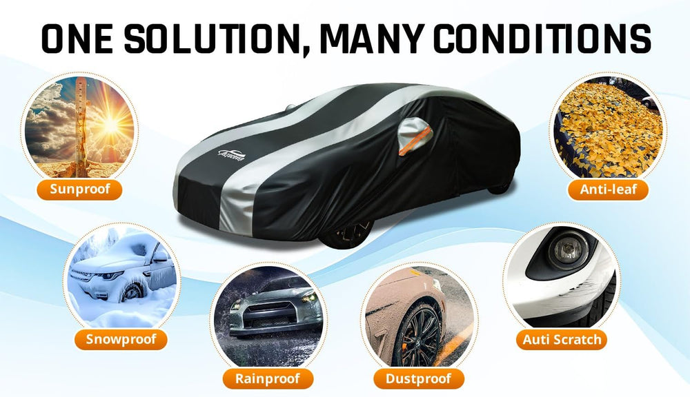 Small Car Cover Waterproof All Weather Protection with Silver Stripe Design,U...