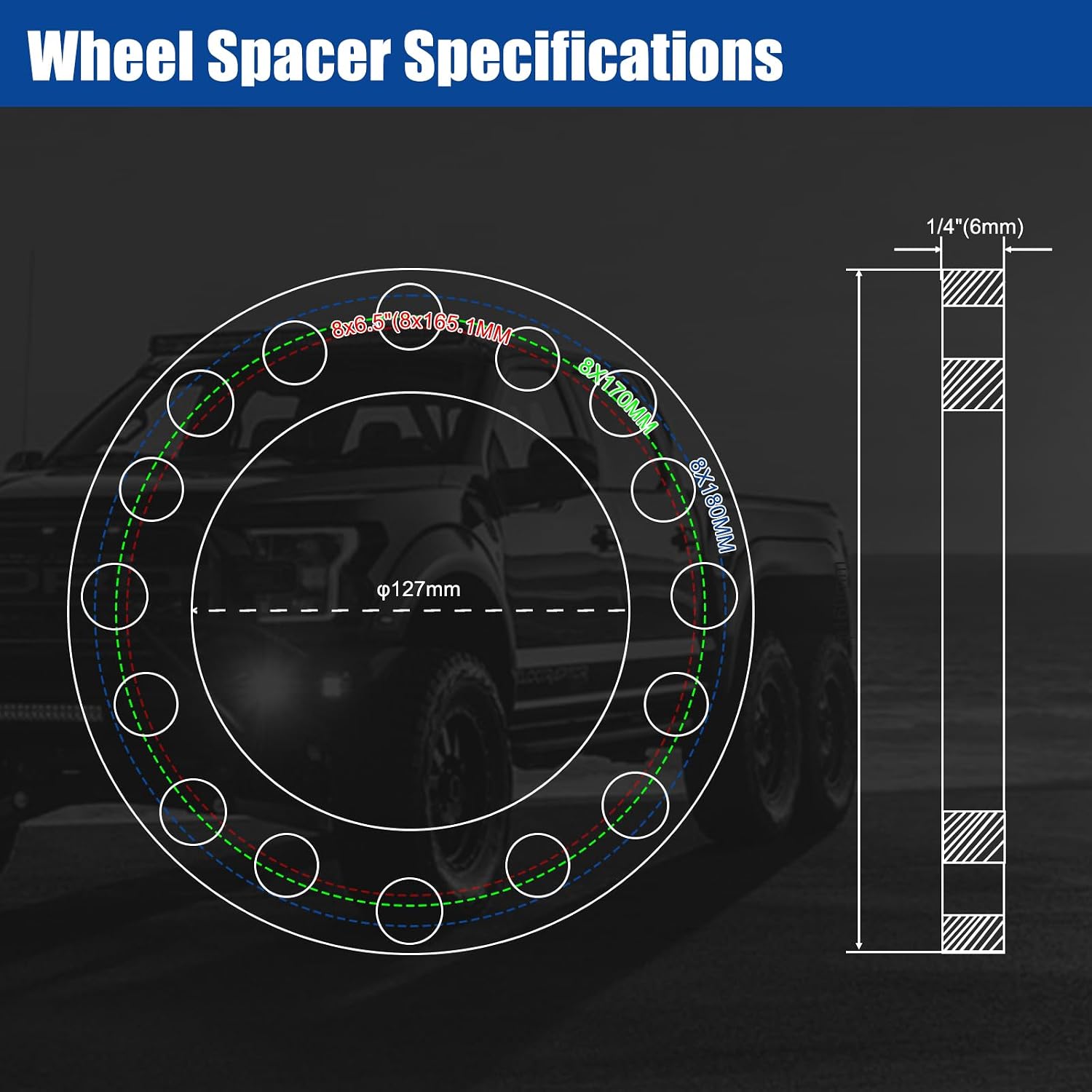 JiiinMiiin 1/4"(6mm) 8x165.1 8x170 8x180 8 Lug Wheel Spacers for F250 E350 Ram 2500 3500 Express 3500 K3500 Silverado Suburban 2500 Sierra 2500HD 3500HD, 4PCS