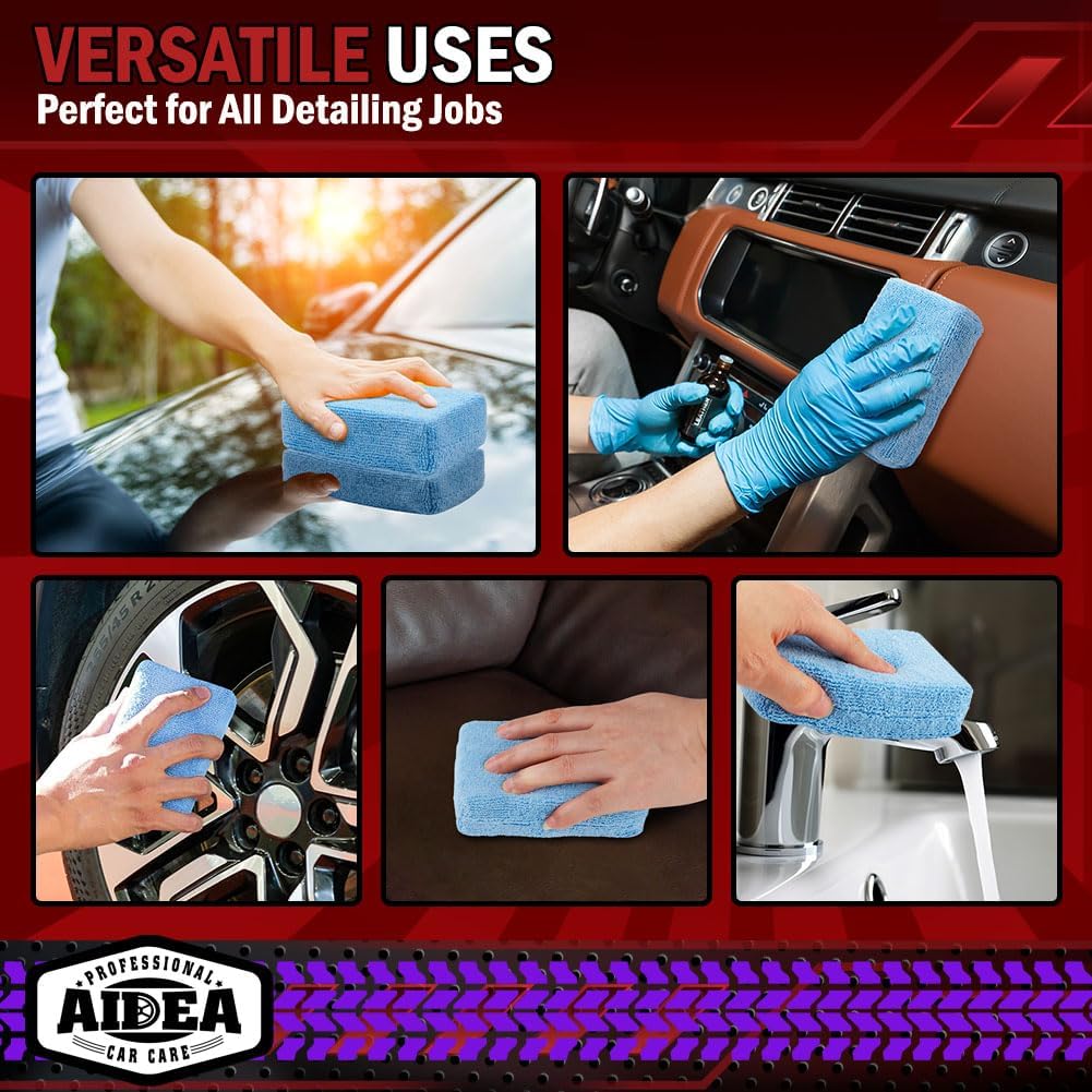 AIDEA Microfiber Applicator Pad-8 Pack, Car Wash Sponge, Blue | Microfiber Sponge and Cleaning Pads, Perfect for Effortless Wax, Sealant, Conditioner Application, Car Detailing Supplies