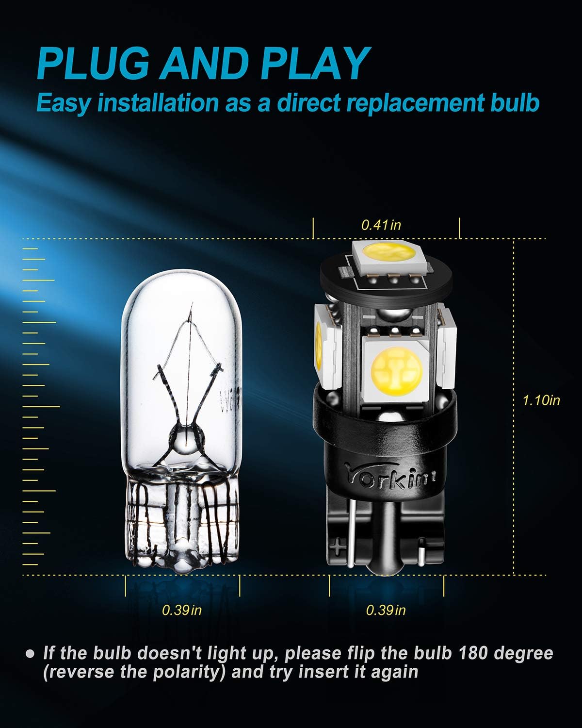 Yorkim 194 LED Bulb 6000K White, T10 168 2825 W5W Non-Polarity Mini Wedge, Interior Car Bulbs Replacement 10 Pack for License Plate Dome Map Trunk Cargo Lights