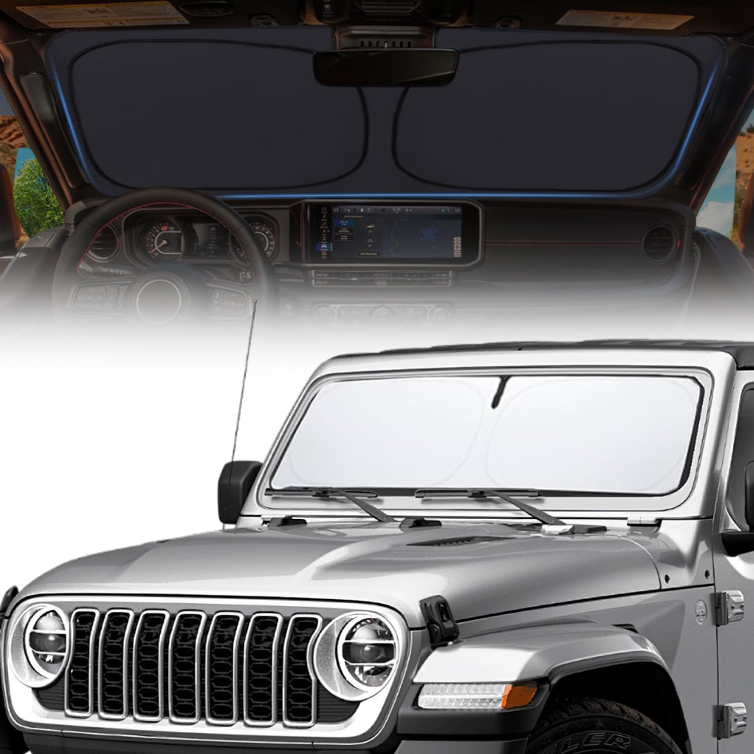 Upgrade Thickened Jeep Wrangler Windshield Sun Shade,Foldable Gladiator Dashboard Shield Sun Visor for 1997-2026 Sahara Rubicon JK JL CJ YJ TJ for UV and Heat Windshield Sunshade with Storage Bag