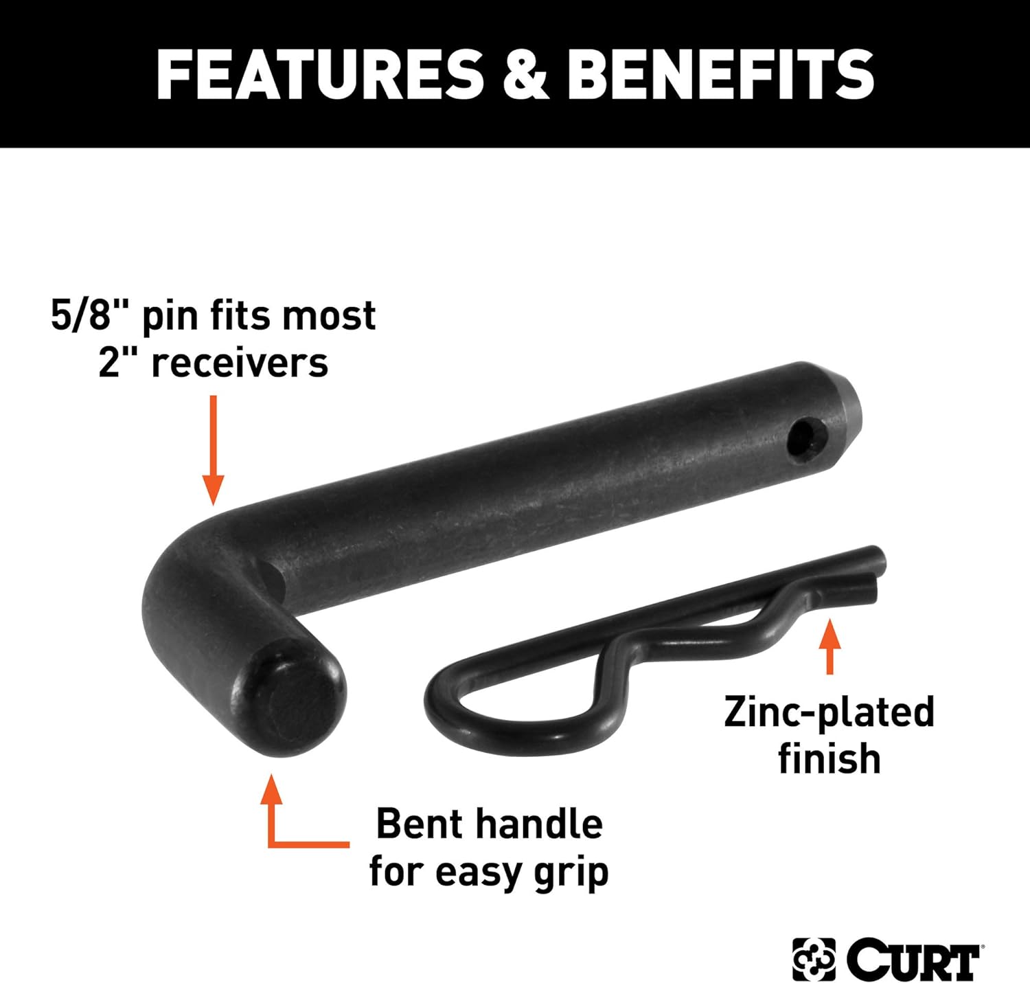 CURT 21579 Black Trailer Hitch Pin & Clip, 5/8-Inch Diameter, Fits 2-Inch Receiver