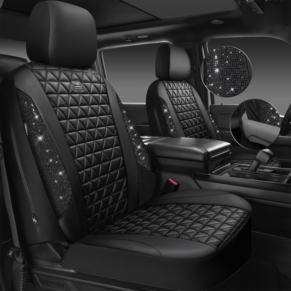 car pass bling diamond black leather car seat shown in use