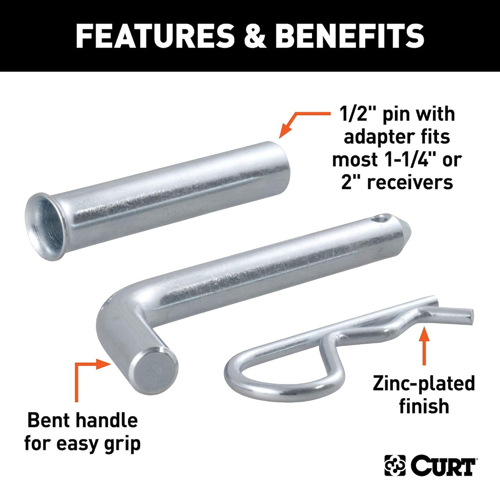 CURT 21502 Trailer Hitch Pin & Clip, 1/2-Inch Diameter with 5/8-Inch Adapter, Fits 1-1/4 or 2-Inch Receiver