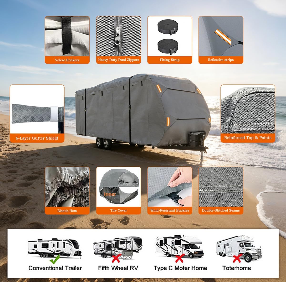 RV Cover for Keystone Cougar 30BHS 2018–2026, Travel Trailer Camper Storage Cover 420D Oxford with Adjustable Straps, Zipper Access for Driveway Seasonal Parking
