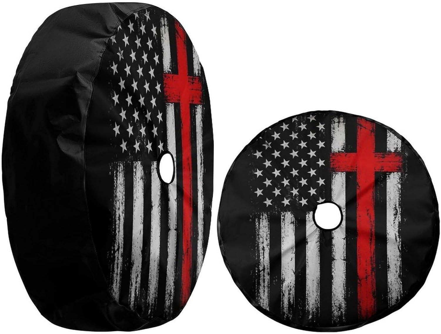 Patriotic Christian American Flag Cross Spare Tire Cover with Backup Camera Hole Waterproof Dust-Proof UV Sun Wheel Covers for RV Trailer RV SUV Truck and Many Vehicle 18inch