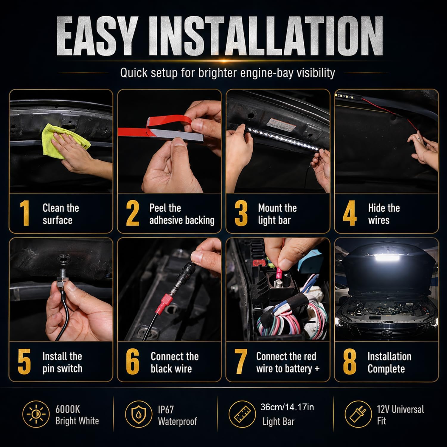 Under Hood LED Light Strip for Truck Car SUV - 15.35" Waterproof Engine Bay Work Light with Auto Pin & Manual On/Off Switch - 6000K Ultra Bright 12V Underhood Repair Lamp