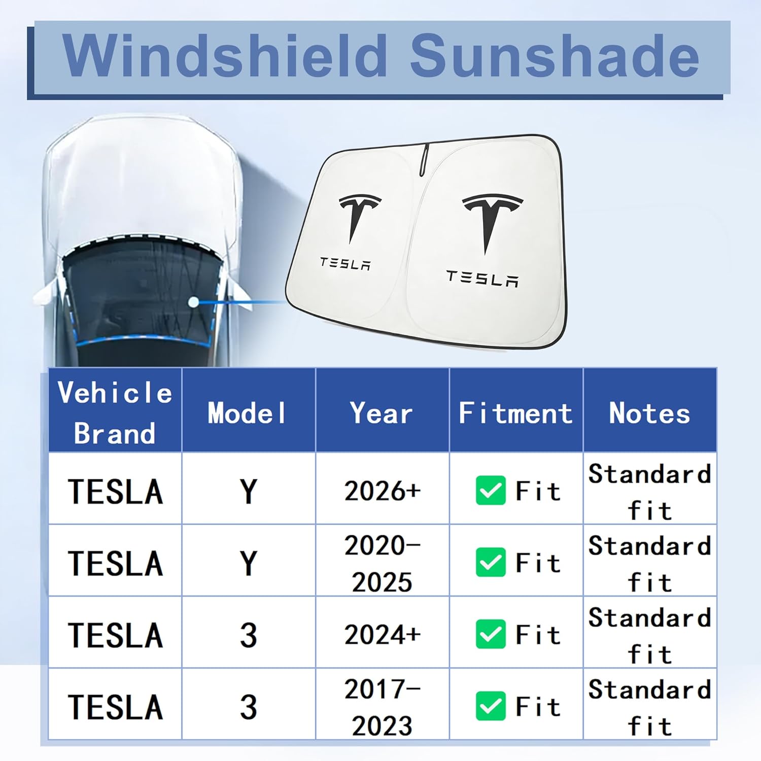 Windshield Sunshade for Tesla Model 3 & Model Y, Digital Printed Double-Sided Fabric Sun Visor, Silver Outside Black Inside UV Block Sunshade Compatible with 2017-2026 Model 3 2021-2026 Model Y