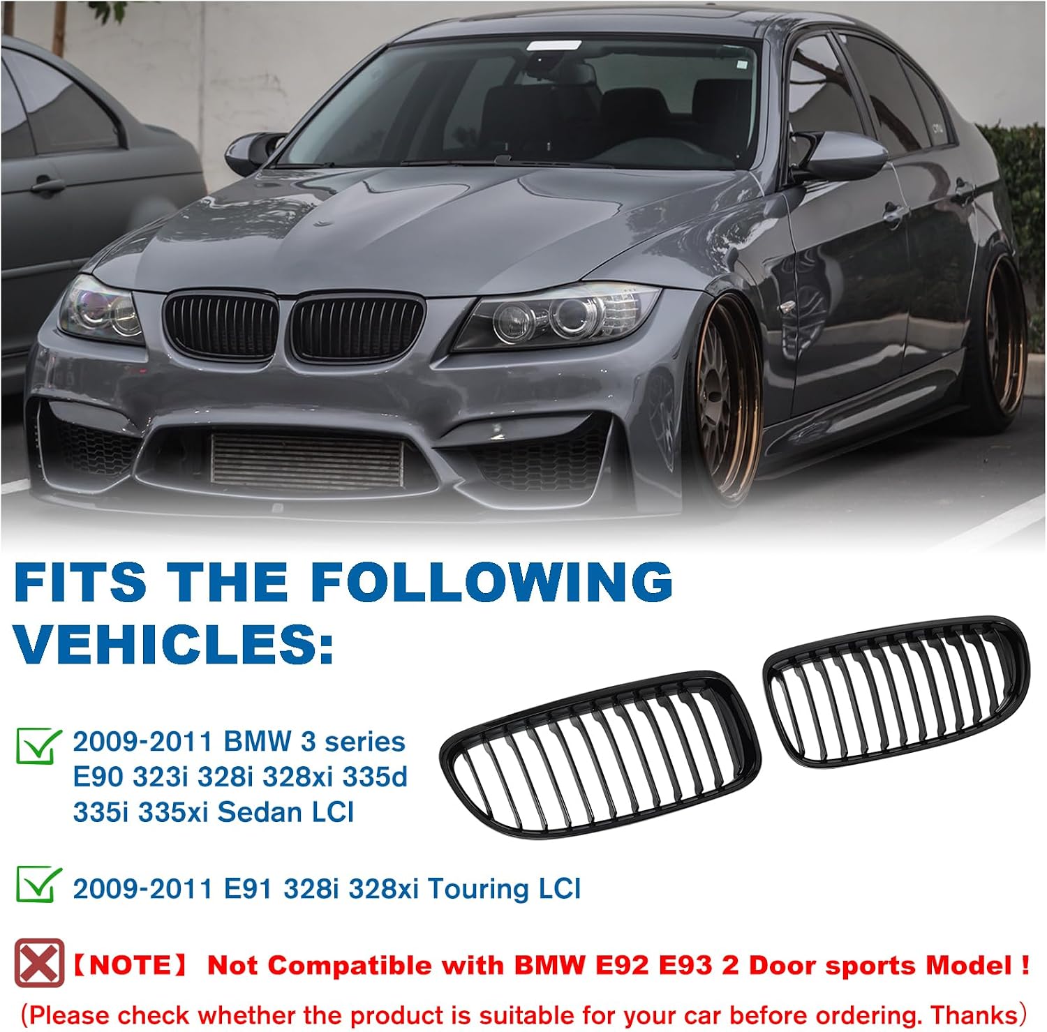 E90 Grille - Black Kidney Single slats Grill Compatible With BMW 3 series E90 2009-2011 323i 328i 328xi 335d 335i 335xi Sedan LCI，E91 328i 328xi Touring LCI,ABS Gloss Black Kidney Grill