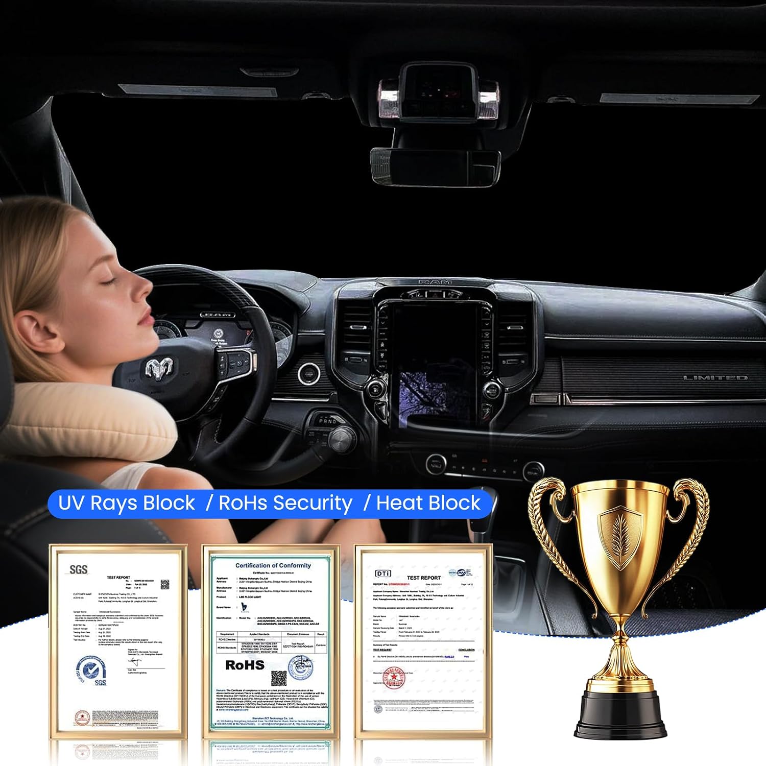 Foldable Sun Shade WODSTA Full Coverage Windshield Sunshade Compatible with Ram 1500 2019-2025 All Model 4-Layer Thickened Windows Visor 240T Polyester Windshield Sun Shade