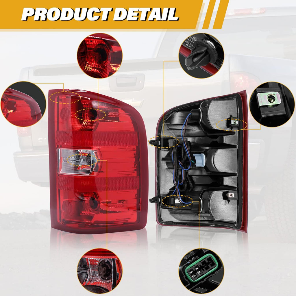 Tail Light Assembly Compatible with Chevy Silverado 07-13 1500 | 07-14 2500 HD 3500 HD, OE-Style Replaces 25958483 GM2801207, w/Bulbs and Harness, Right Passenger Side, Red Border