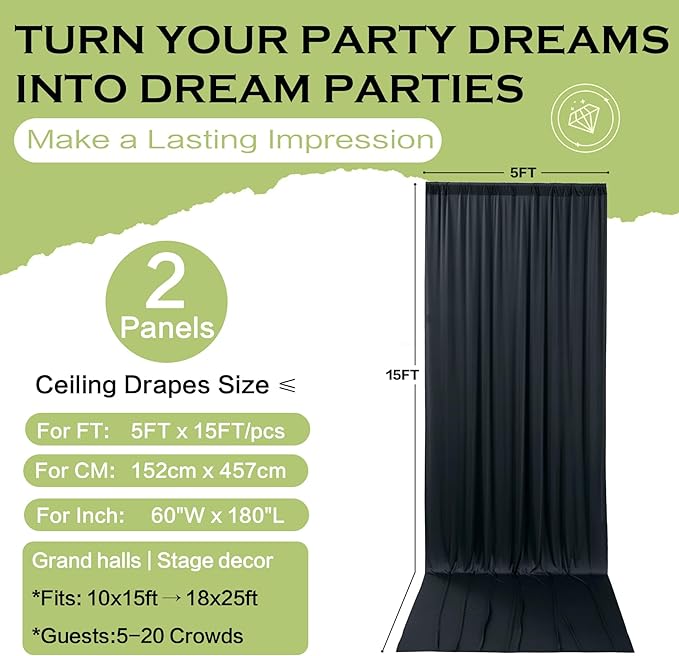 PartyVillage 10ft×15ft Black Backdrop Curtain for Halloween Parties, 2 Panels...