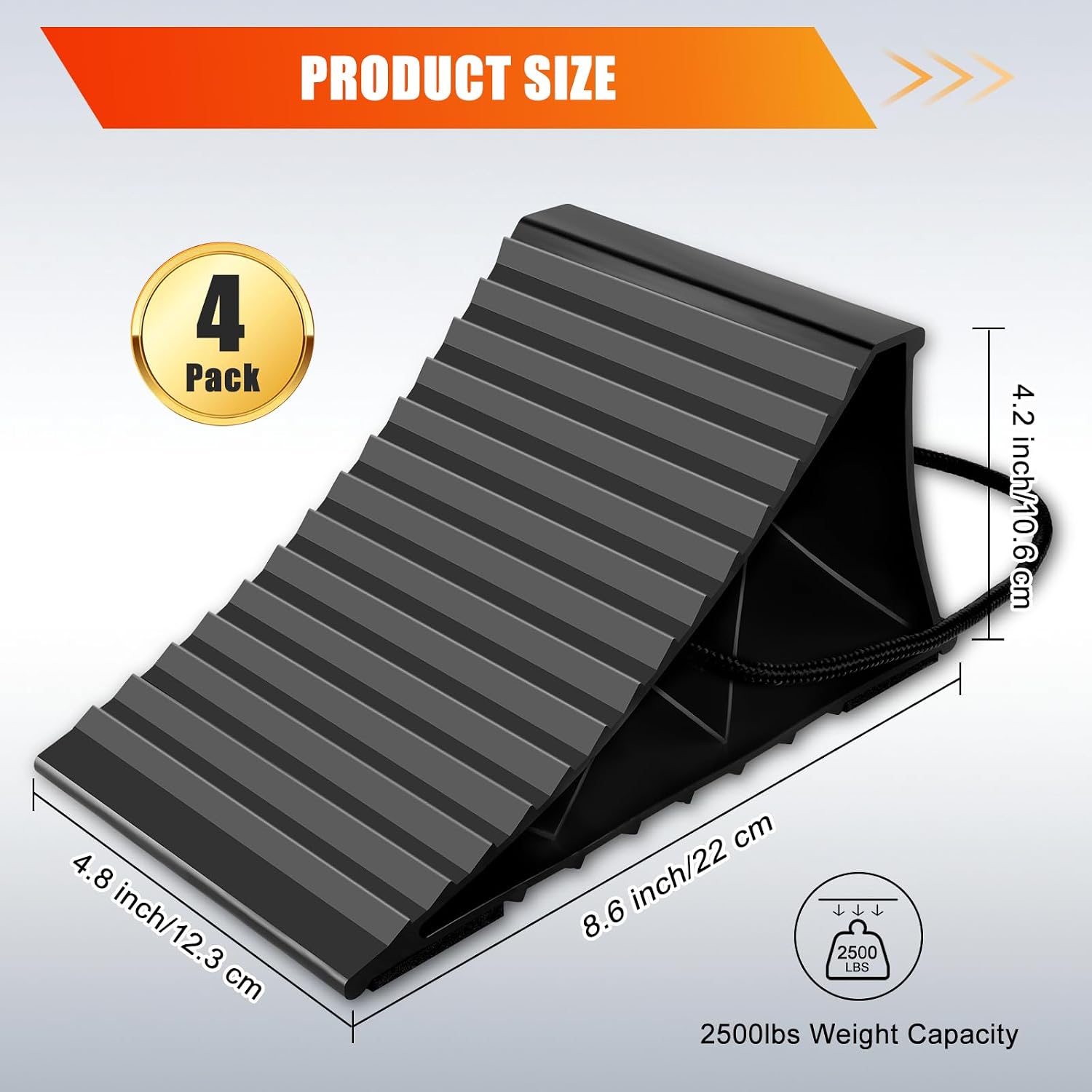 Wheel Chocks for RV Trailer, 4 Pack Non Slip Wheel Chocks for Travel Trailers with Rope for Easy Removal, Lightweight Plastic Wheel Stoppers Block for Camper Cars Trucks