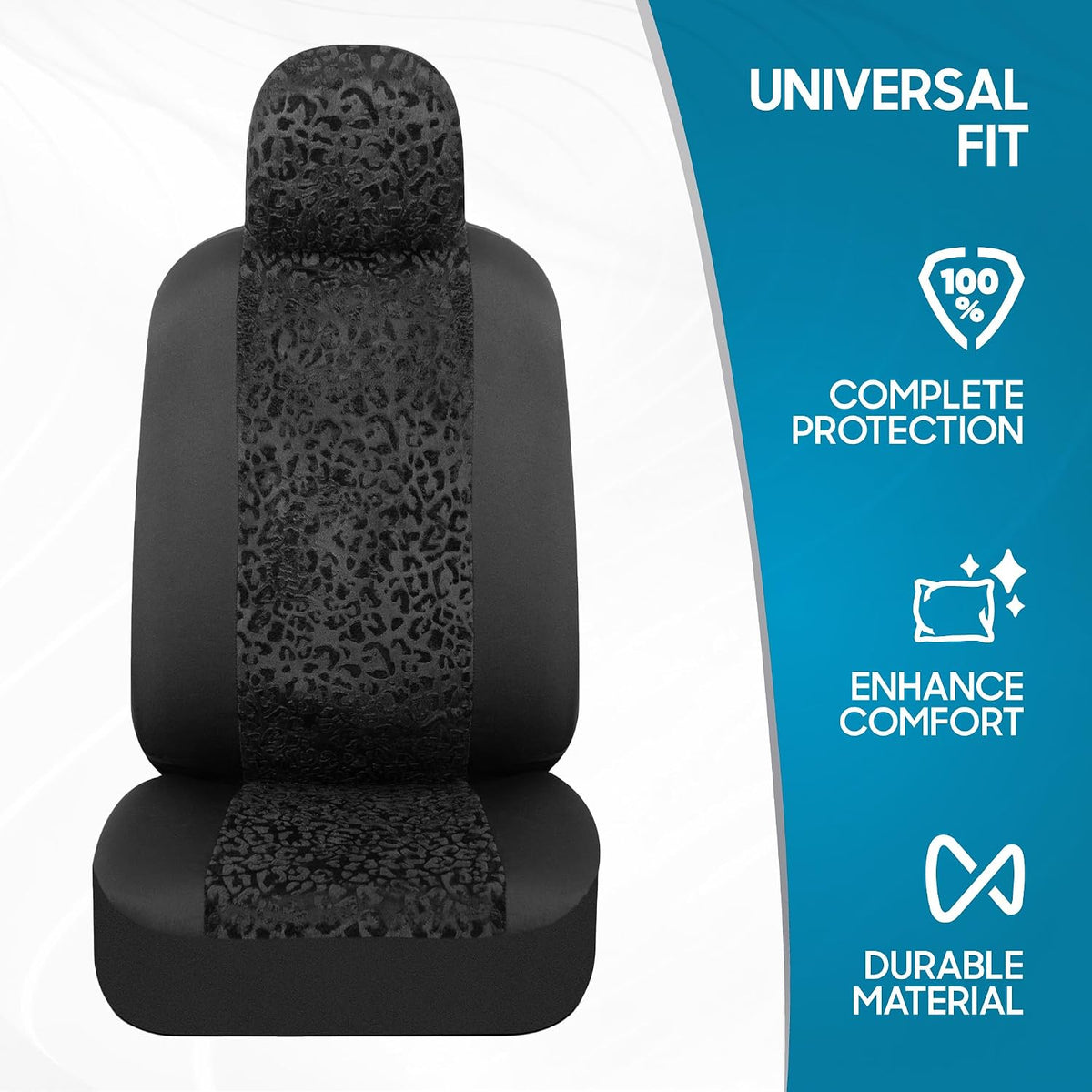 bdk black leopard car seat covers for front, close-up detail