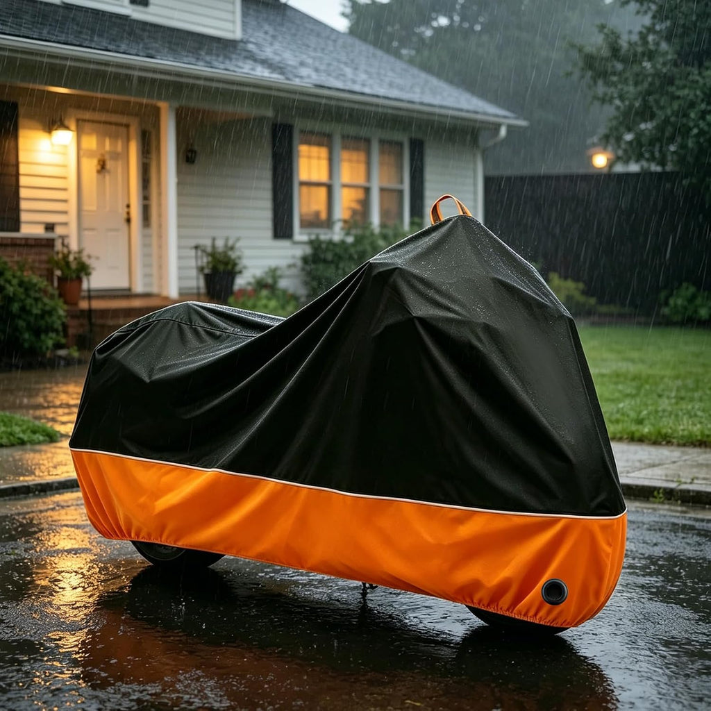 Motorcycle Cover All Season Waterproof Sun Outdoor Protection, Fits up to 96.5" Motorcycle Powersports Vehicle Covers, Black and Orange (Lockholes & Storage Bag)