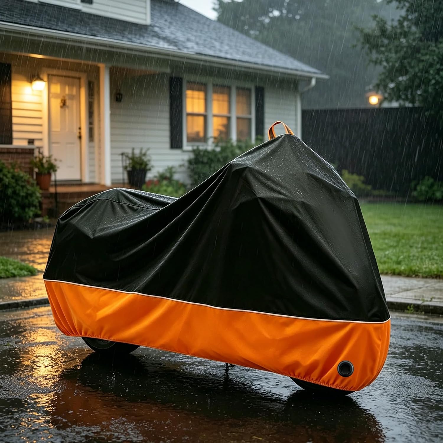 Motorcycle Cover All Season Waterproof Sun Outdoor Protection, Fits up to 96.5" Motorcycle Powersports Vehicle Covers, Black and Orange (Lockholes & Storage Bag)