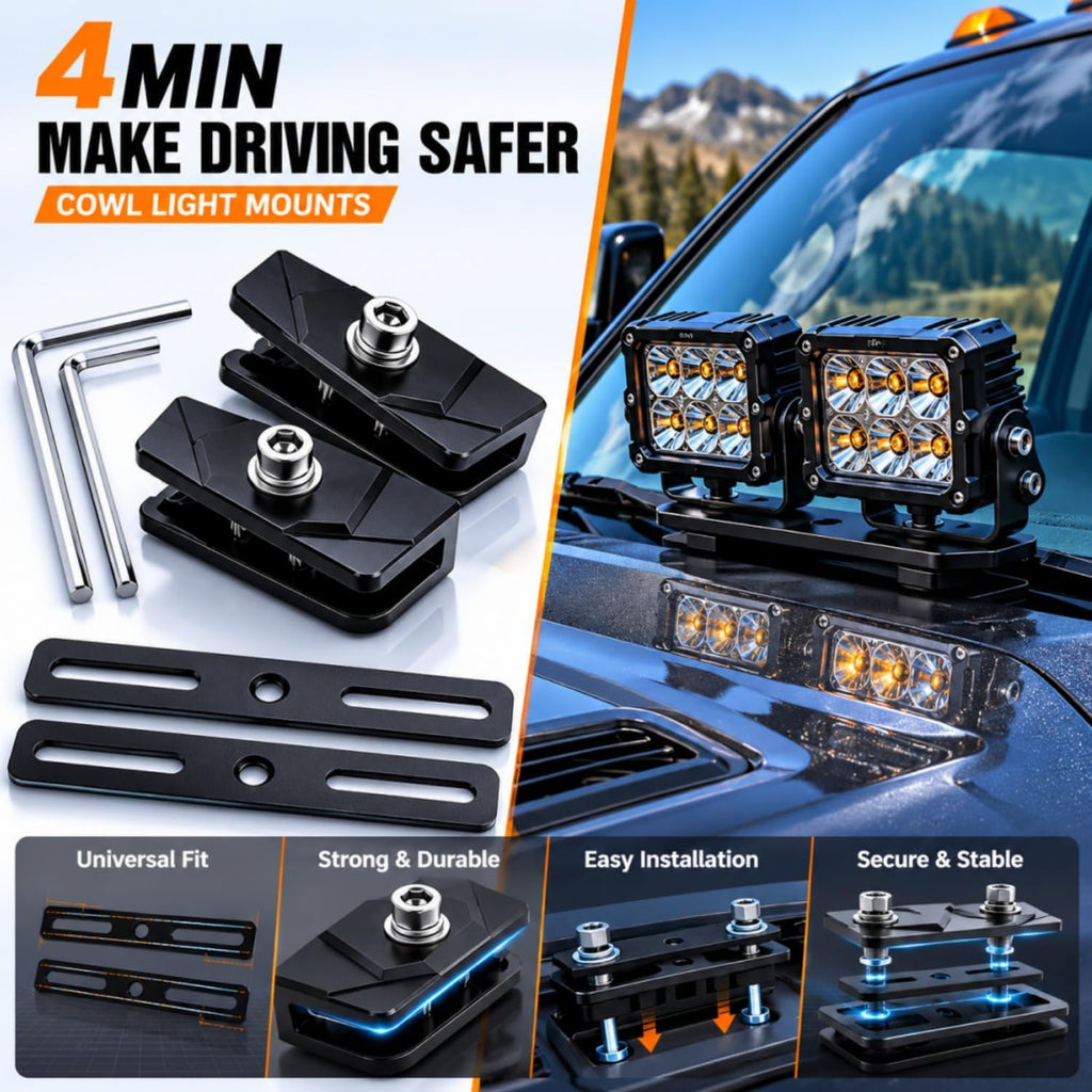 LED Light Bar Mounting Brackets A Pillar Ditch Light Bracket Extensions | Steel Cowl Pod Light Mounting Brackets No Drilling Universal Hood Light Mounting Brackets Adjustable Aluminum Alloy