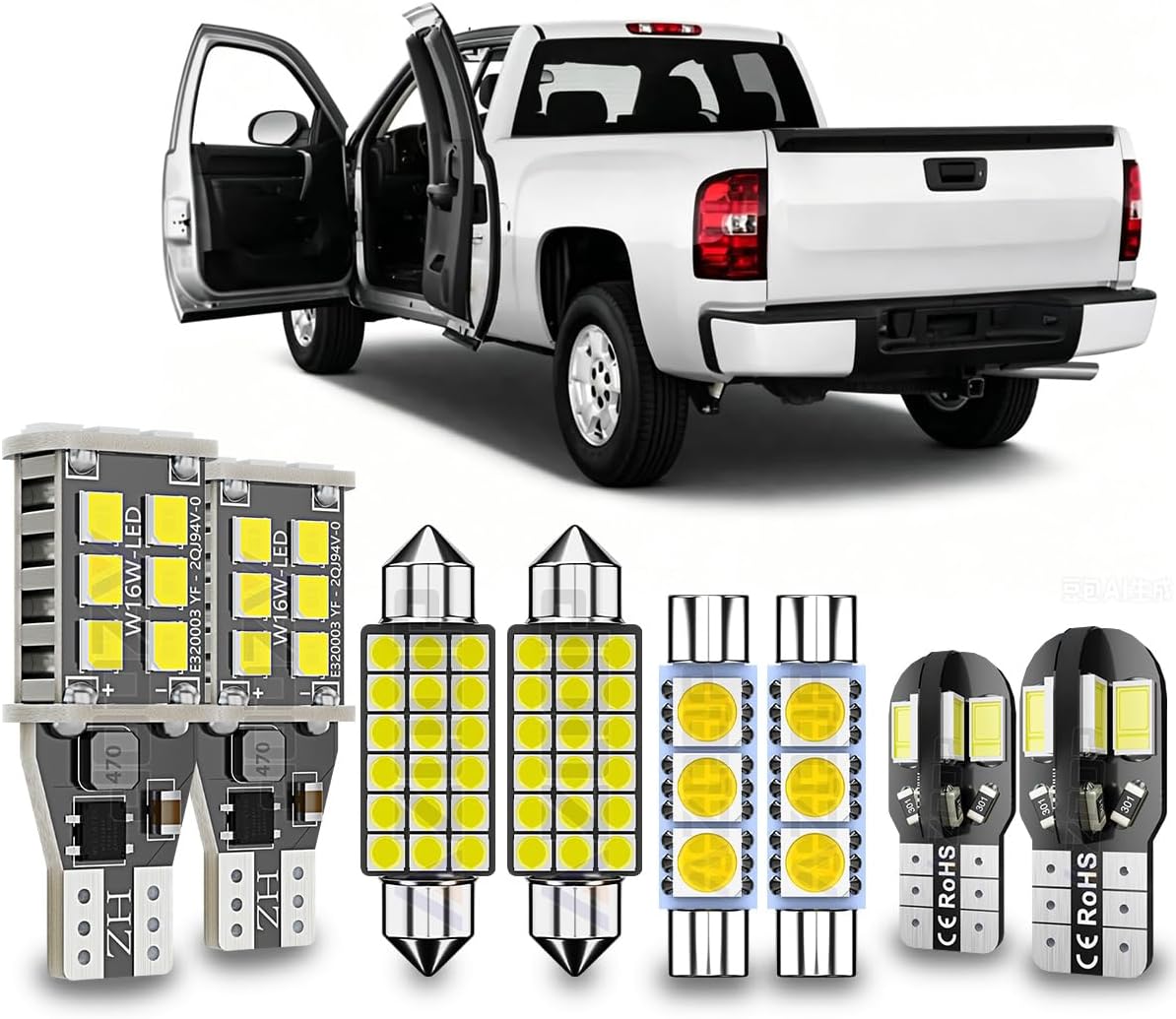 12PCS White LED Bulbs Compatible with Chevy Silverado/GMC Sierra 1500 2500 3500 (2007 2008 2009 2010 2011 2012 2013) Interior Lights, Map Dome Trunk Lights License Plate Lmap Bulbs Combo+Install Tool