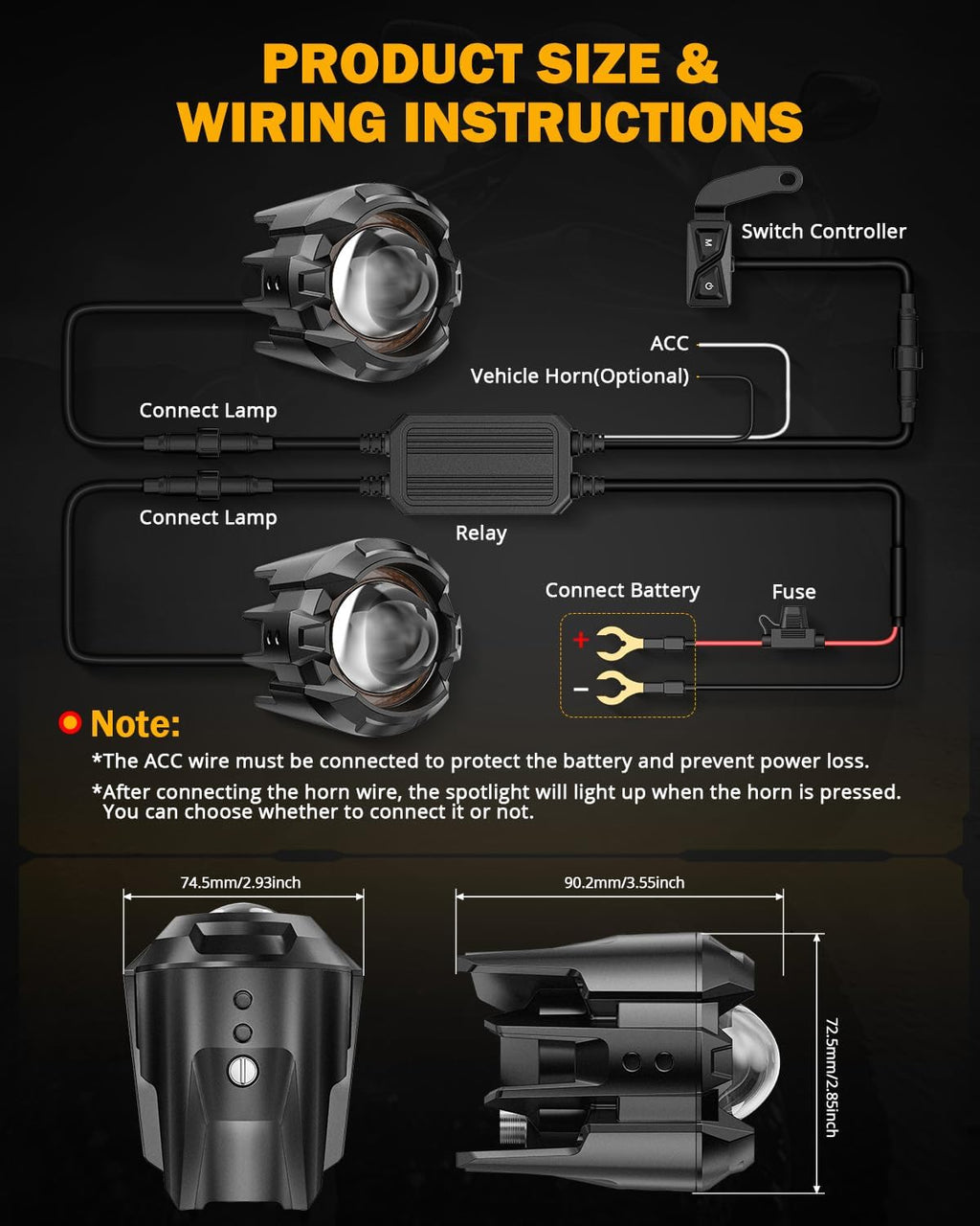 Auxbeam Motorcycle Auxiliary Lights Fog Lights LED Driving Light Spotlight with Halo DRL, White/Amber 8 Modes Dual-Color Strobe LED Offroad Work Lights for Motorcycle SUV ATV Trucks