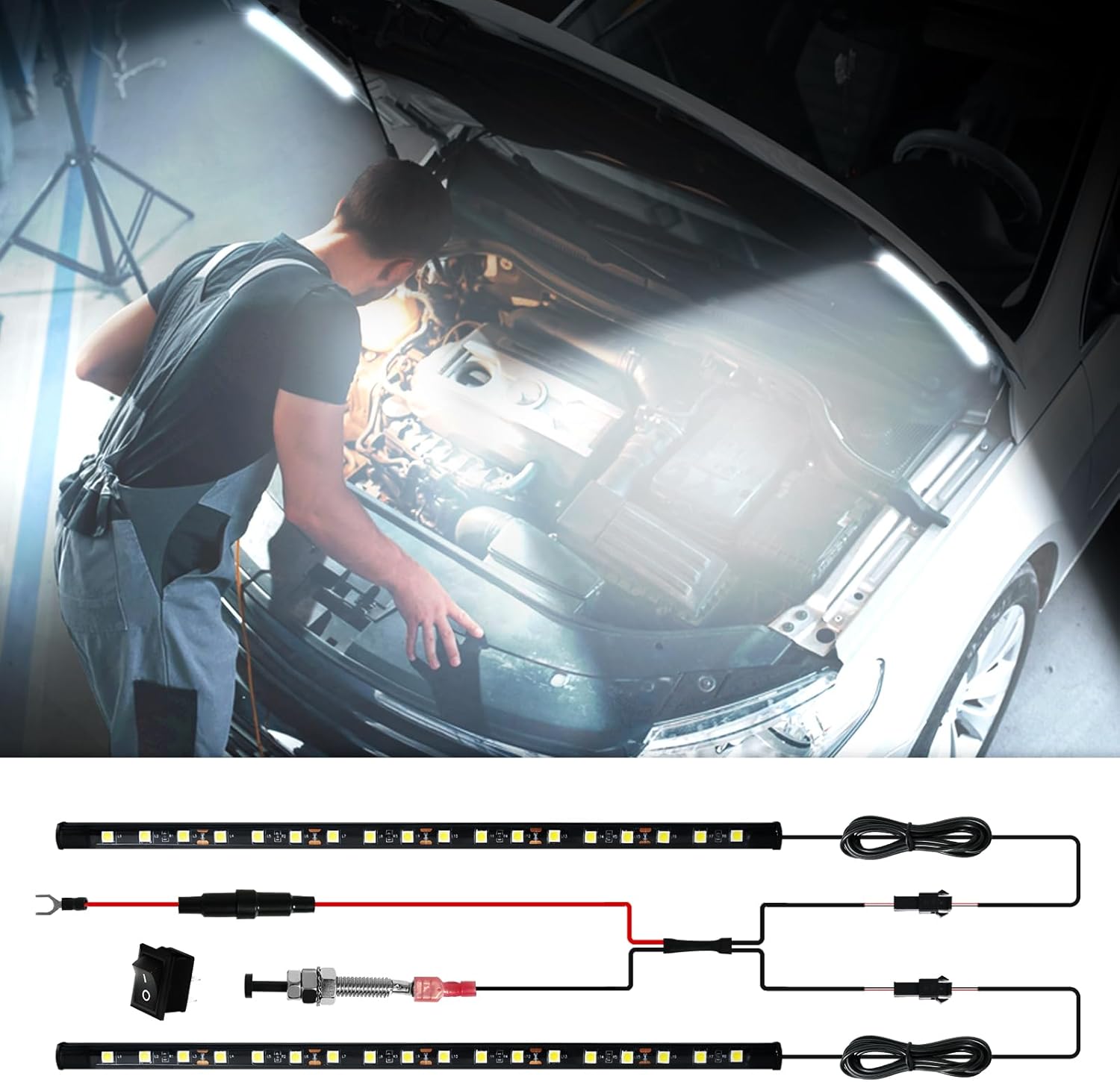 Under Hood Light Under Hood Led Light Kit for Car Engine Bay Led Light kit Car Hood Work Lights Inspection Lights with Automatic On/Off, Universal Fits Any Vehicle 12V 1Set