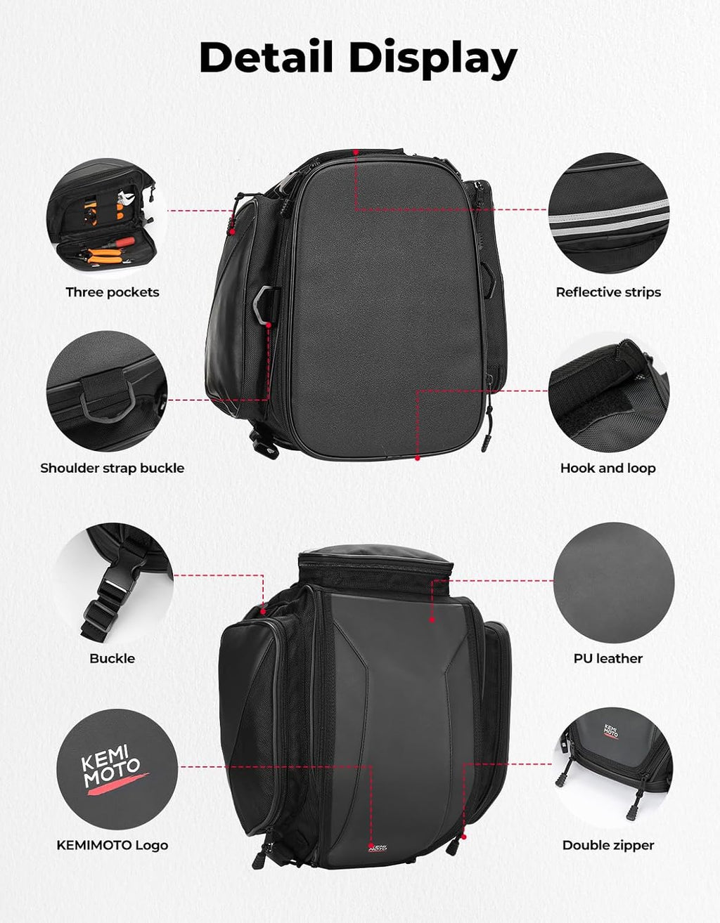 KEMIMOTO Motorcycle Tail Bag 18-22L Expandable Sissy bar Motorcycle Luggage Seat Travel Rear Rack Bag Waterproof for Daul Sport Sportster Softail Dyna Touring Shadow Vulcan