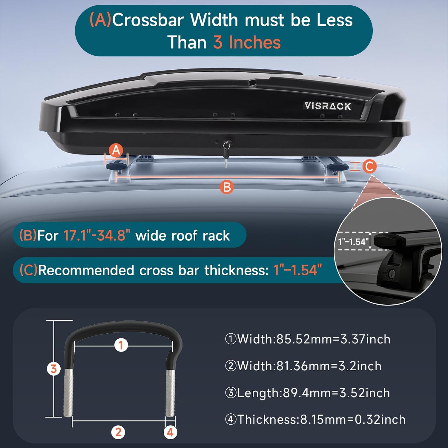 Hard Shell Roof Cargo Box Carrier with Security Keys,Heavy Duty Waterproof Rooftop Storage Box,58.3 (L) x35.4 (W) x 13(H) Inches,15.5 Cubic Feet (Tool-Free Install),Dual Side Opening,Black