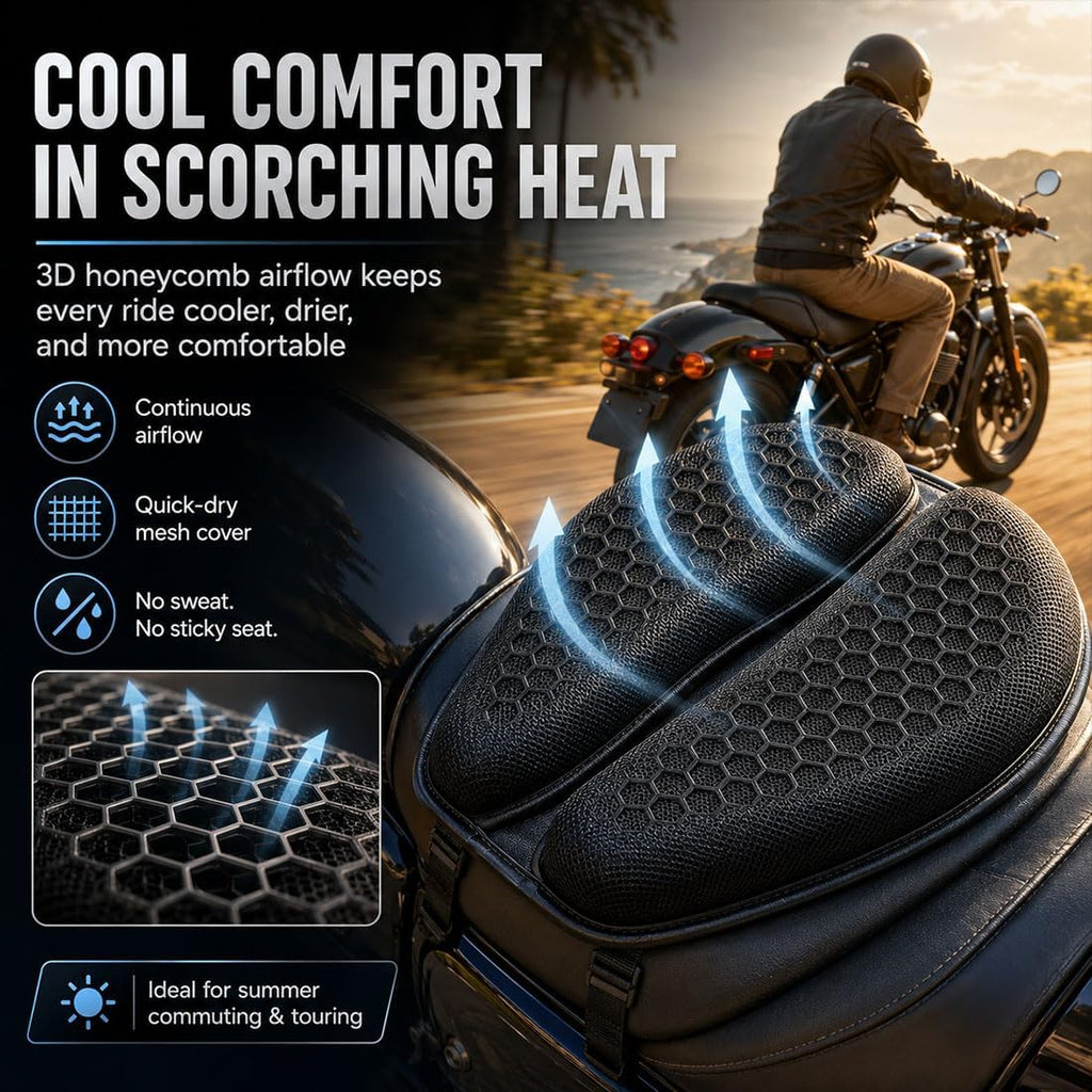 Motorcycle Seat Cushion, 3D Honeycomb Gel Motorcycle Seat Pad for Long Rides, Shock Absorbing Breathable Gel Seat Cushion, Universal Non-Slip Motorcycle Seat Cover with Fixing Straps (Black)