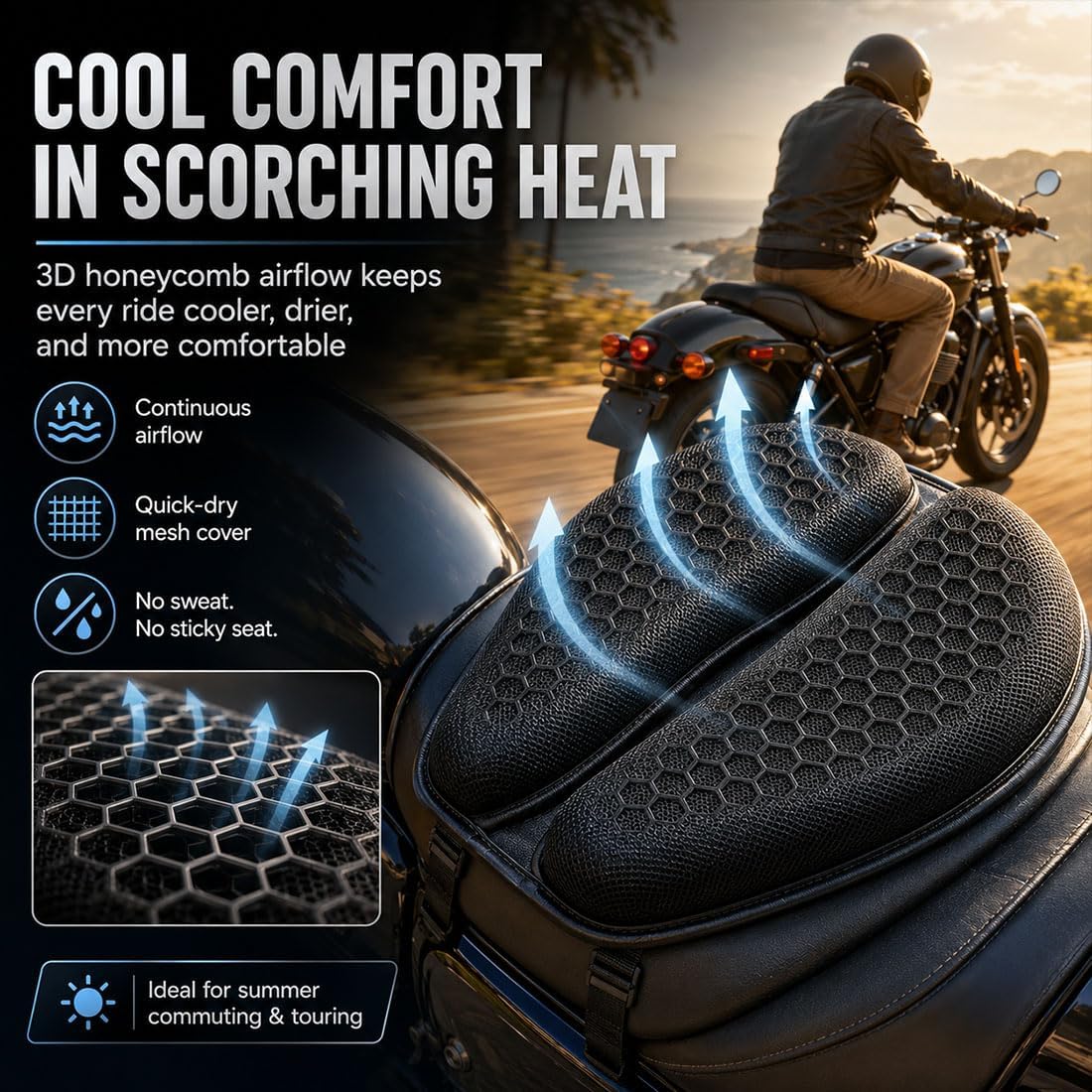 Motorcycle Seat Cushion, 3D Honeycomb Gel Motorcycle Seat Pad for Long Rides, Shock Absorbing Breathable Gel Seat Cushion, Universal Non-Slip Motorcycle Seat Cover with Fixing Straps (Black)