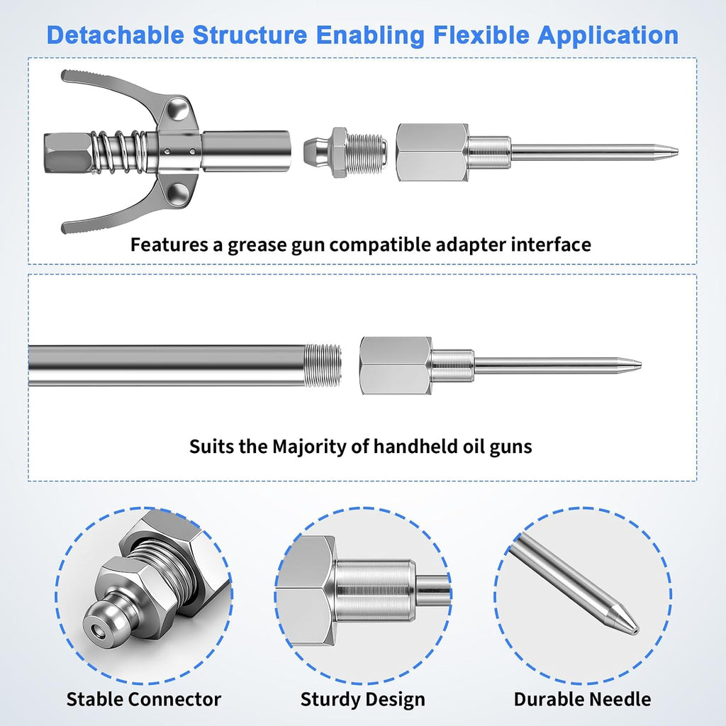 5PCS Grease Gun Needle Tips Accessories Kit, 1 Grease Needle Dispenser, 1 Rubber Joint Fitting, 1 Detachable Grease Needle Tip, 2 Needle Nozzles Tips for Narrow Tight Confined Deep Spaces ﻿
