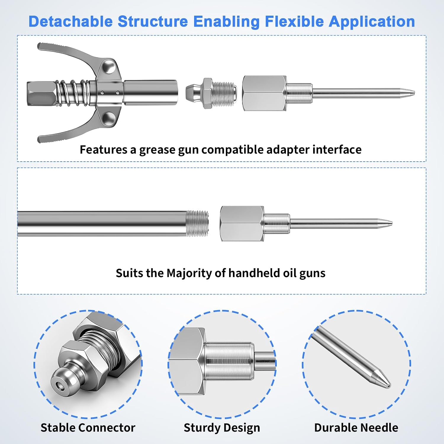 5PCS Grease Gun Needle Tips Accessories Kit, 1 Grease Needle Dispenser, 1 Rubber Joint Fitting, 1 Detachable Grease Needle Tip, 2 Needle Nozzles Tips for Narrow Tight Confined Deep Spaces ﻿