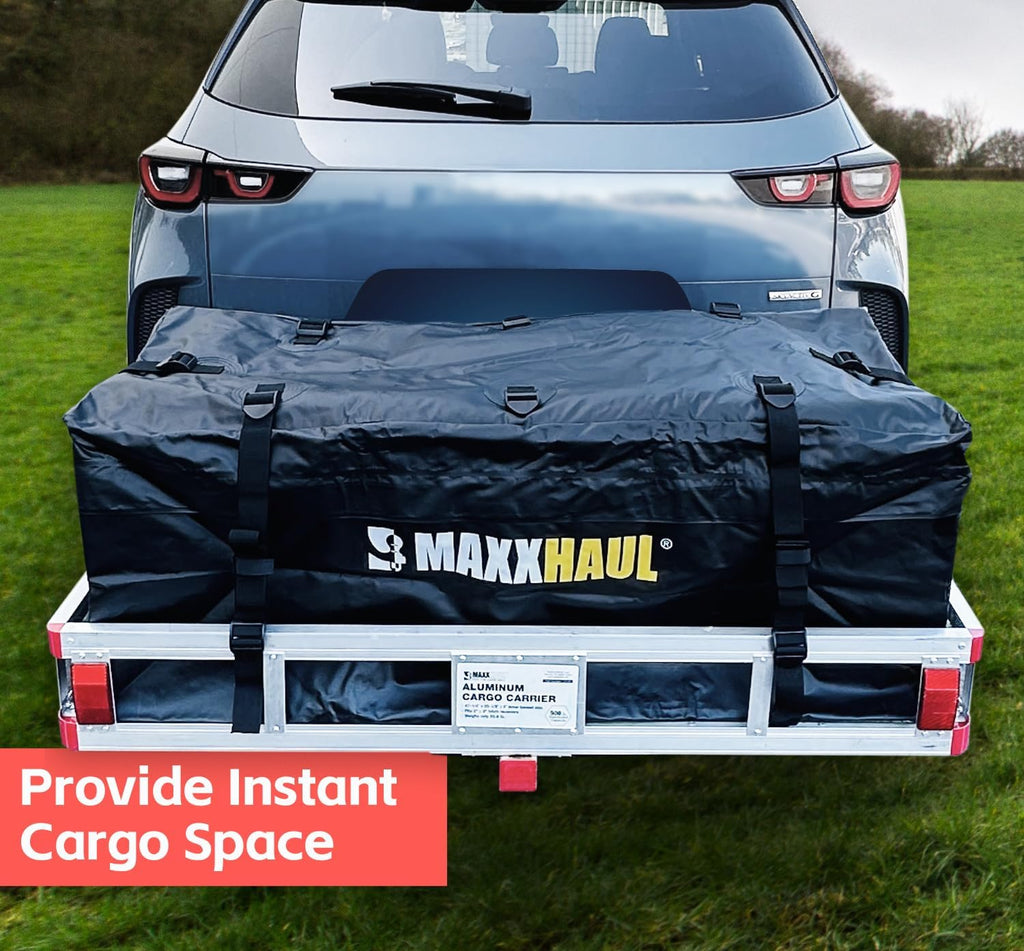 MaxxHaul Aluminum Cargo Carrier with Tightener - 500 lb Capacity 47.25" x 20.25" x 6" Inner Dimensions + Soft Shell Carrier Bag - Water Resistant 47" x 20" x 20"