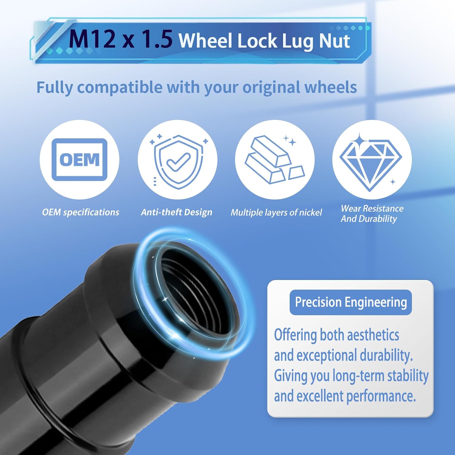 24526 Wheel Lock Lug Nut M12x1.5 Anti Theft Fit for 1991-2002 Chevy S-10 Blazer 2 Door & 1991-2002 GMC S-15 Jimmy 2 Door, Cone Seat Wheel Locks Black - Set of 5