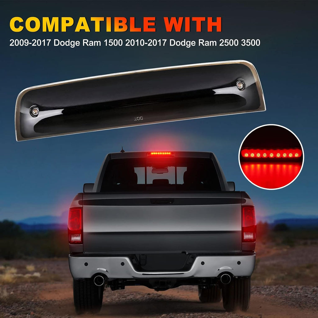 BORDAN For Dodge Ram Third Brake Light Stop Lamp Compatible For 2009-2017 Dodge Ram 1500 2010-2017 Dodge Ram 2500 3500 White & Red LED Brake Tail Light Assembly Smoke Lens