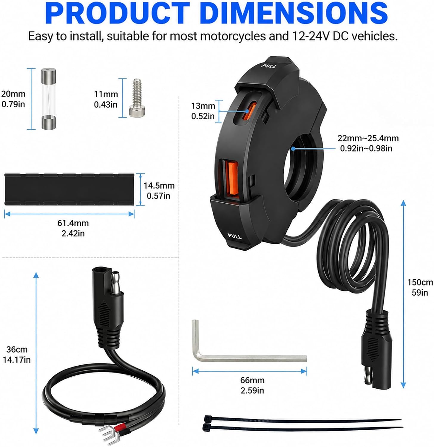 Upgraded 48W Motorcycle Phone Charger IP65 Waterproof Motorcycle USB Charger,Dual Port USB Type-C Handlebar Charger 3.0 Fast Charge Adapter,Sae to USB Quick Charging Socket for Phone/Tablet/GPS/Camera