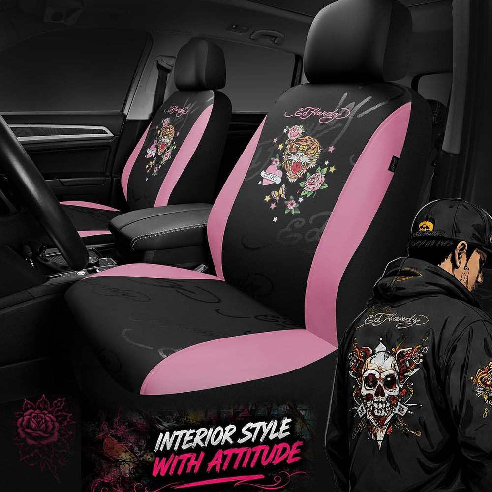 ED HARDY Tiger Print Car Seat Covers, Pink Premium Leather Front Seat Covers,...