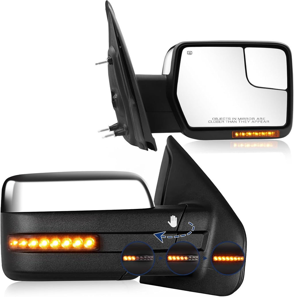Towing Mirror for Ford F150 - Replacement fit for 2004-2014 Ford F-150 Pickup Truck with Power Adjusted Glass Heated LED Turn Signal Light Puddle Lamp Tow Mirror Pair (Chrome)