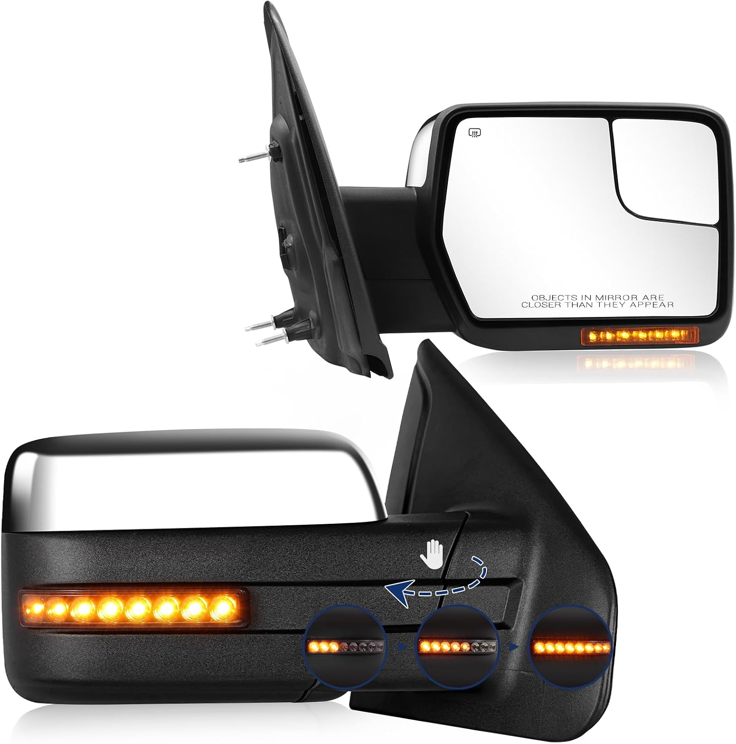 Towing Mirror for Ford F150 - Replacement fit for 2004-2014 Ford F-150 Pickup Truck with Power Adjusted Glass Heated LED Turn Signal Light Puddle Lamp Tow Mirror Pair (Chrome)